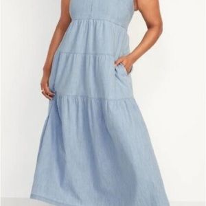 Old Navy Denim Tiered Cap Sleeve Fit Flare All Day Maxi Dress XL